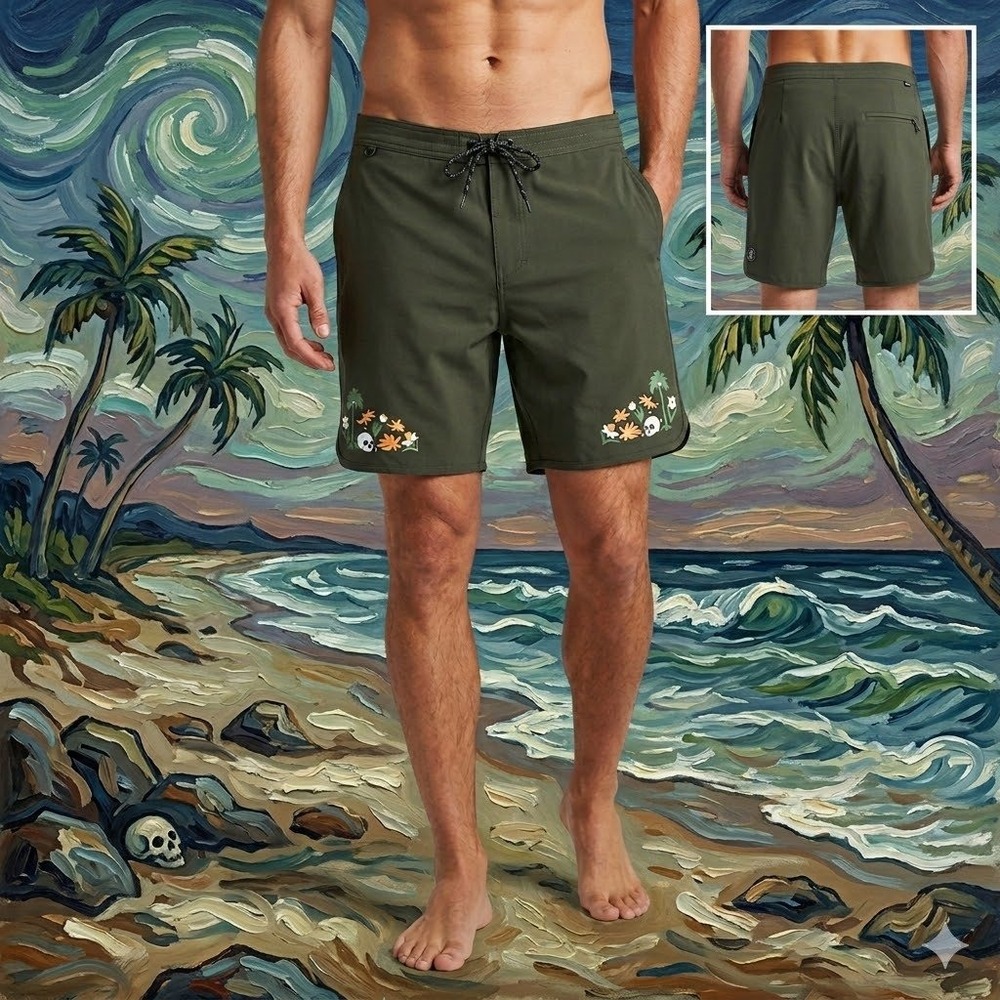 Roark The Chiller Atoll Boardshorts Mens 38 Olive Green Skull Hemp Blend RB435